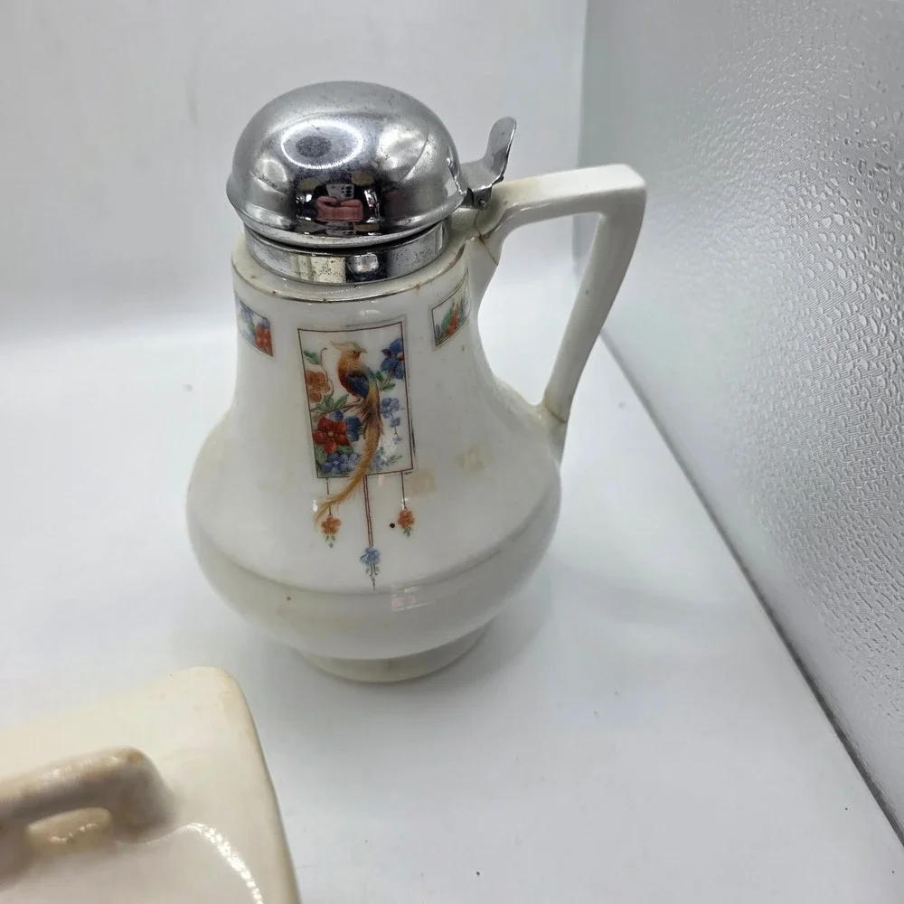 Vintage Ceramic Spice Jar Set Nutmeg Allspice Pepper & Bird Syrup Pitcher 4pc